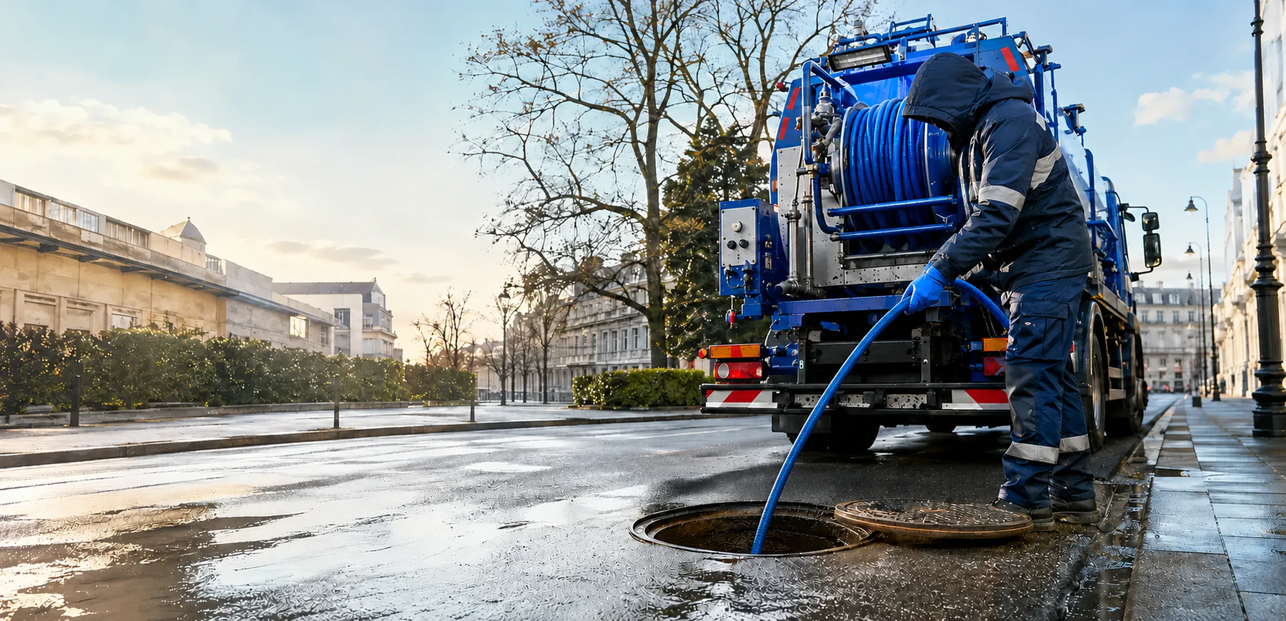 Technicien MesDéboucheurs intervenant avec un camion hydrocureur en Île-de-France