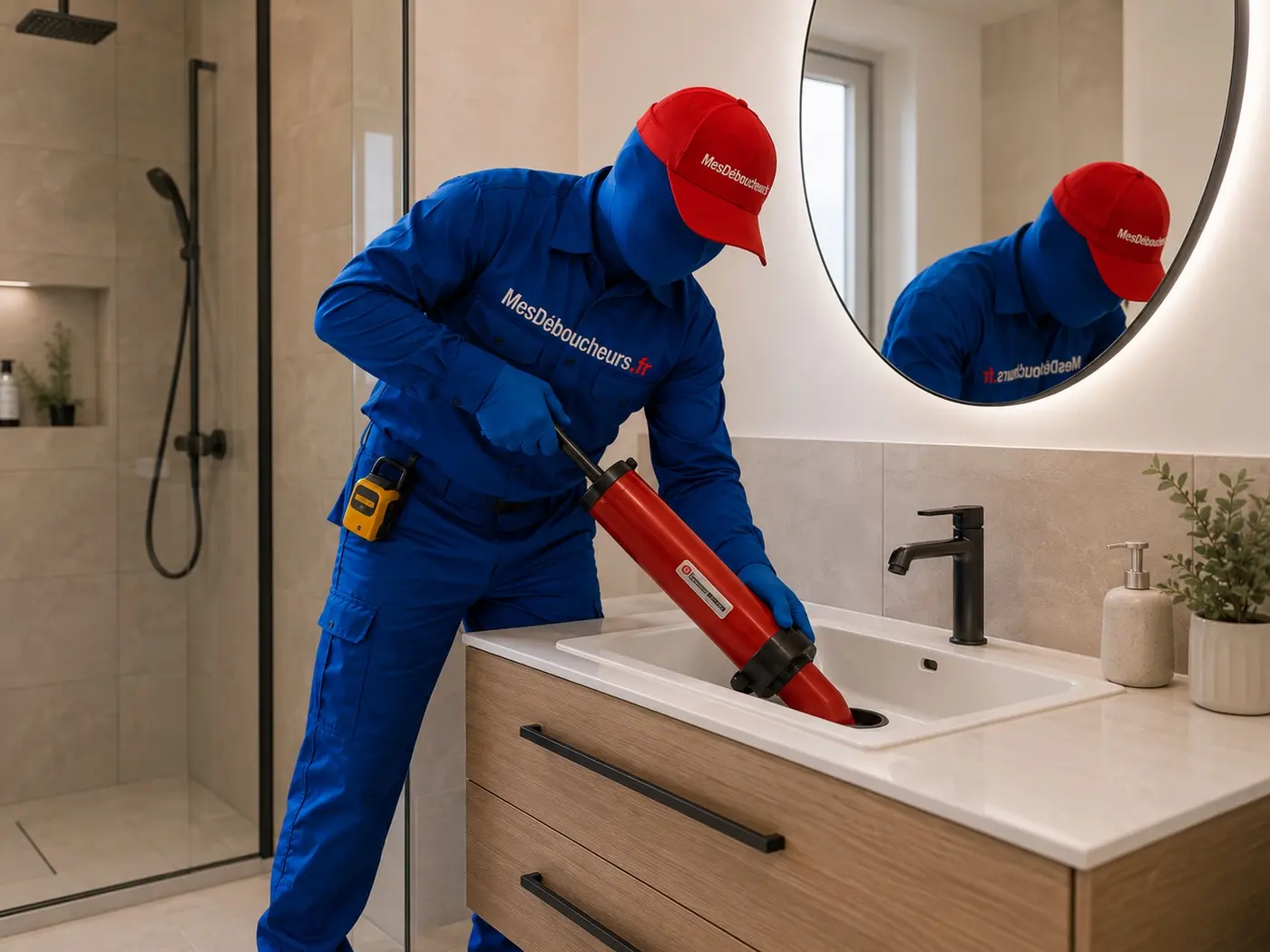 Sam débouche un lavabo de salle de bain avec une pompe manuelle professionnelle