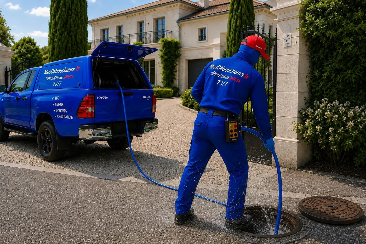 Sam débouche une canalisation depuis un regard extérieur avec un camion hydrocureur