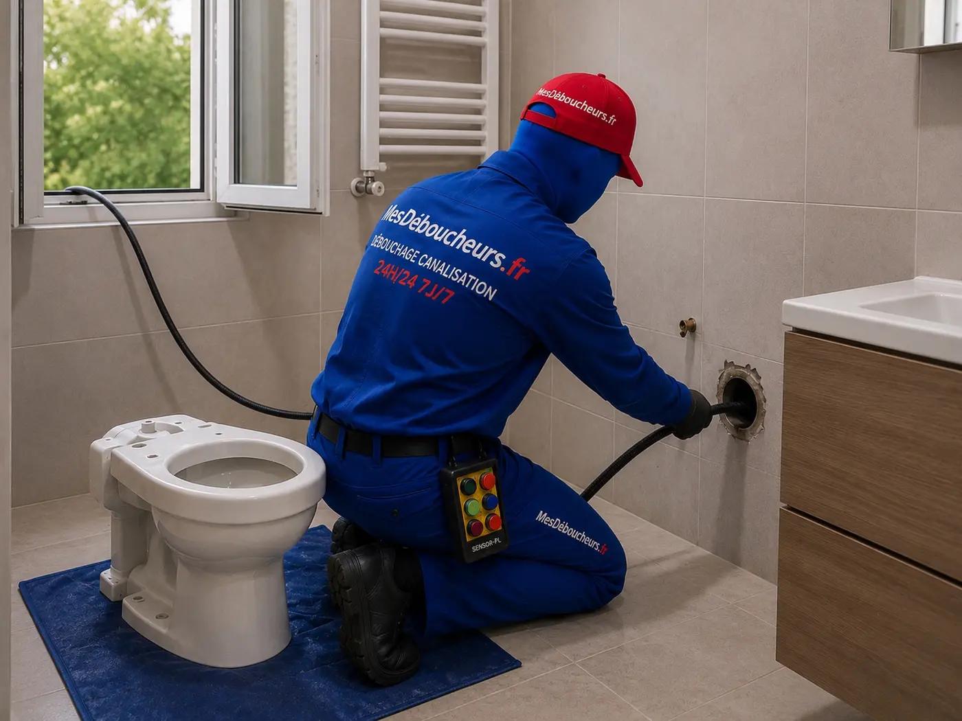 Sam introduit le flexible d’un camion hydrocureur dans l’évacuation accessible après la dépose d’un WC