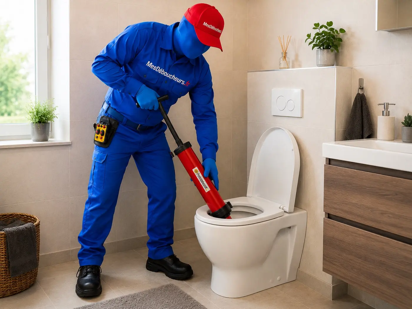 Sam réalise le débouchage d’un WC bouché avec une pompe manuelle professionnelle