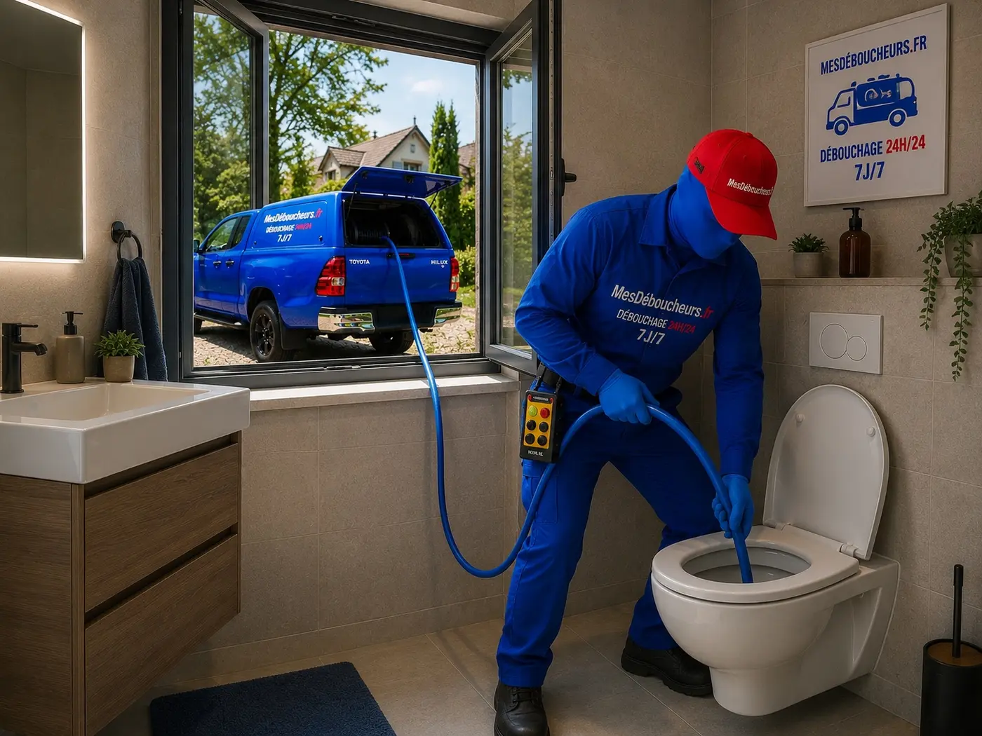 Sam intervient avec un véhicule hydrocureur pour dégager l’évacuation d’un WC bouché