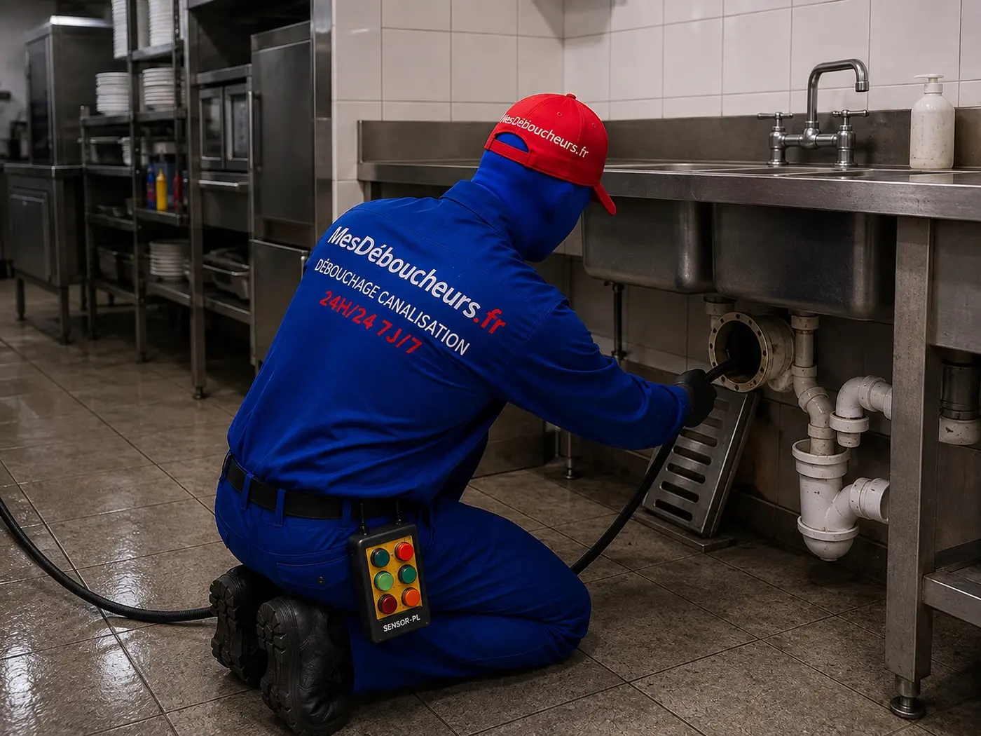 Sam introduit un flexible d’hydrocurage dans une canalisation accessible sous une plonge de cuisine professionnelle