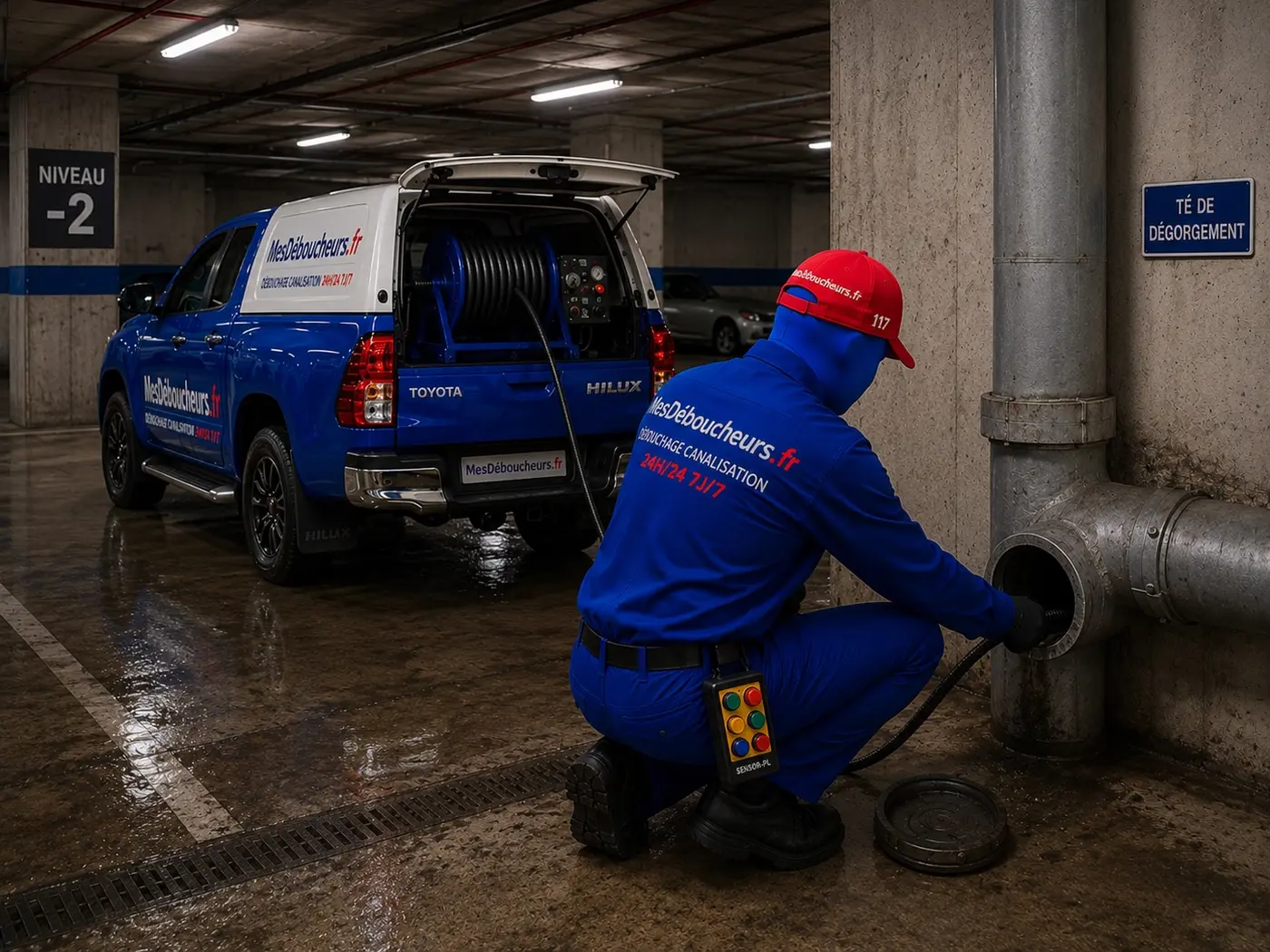 Sam réalise un hydrocurage depuis un té de dégorgement dans un parking souterrain avec le camion hydrocureur