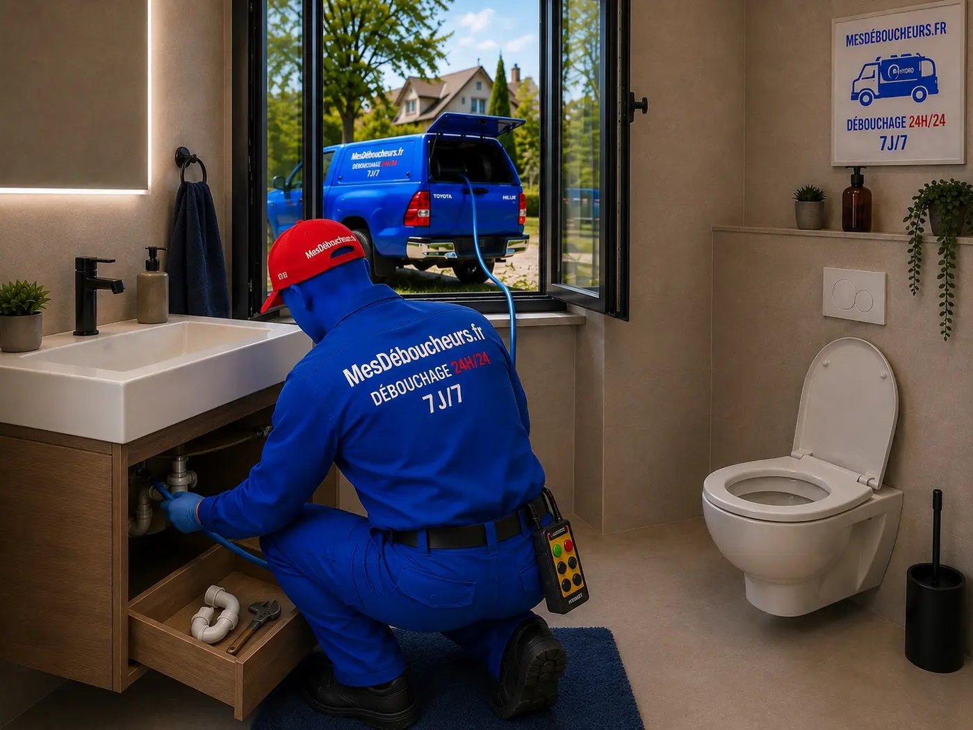 Sam débouche la canalisation d’un lavabo avec un camion hydrocureur haute pression jusqu’à 400 bars après démontage du siphon