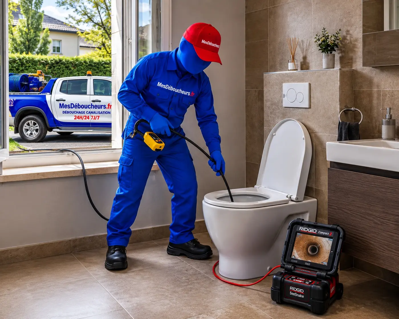 Sam contrôle l’évacuation d’un WC par inspection caméra après un débouchage hydrocureur